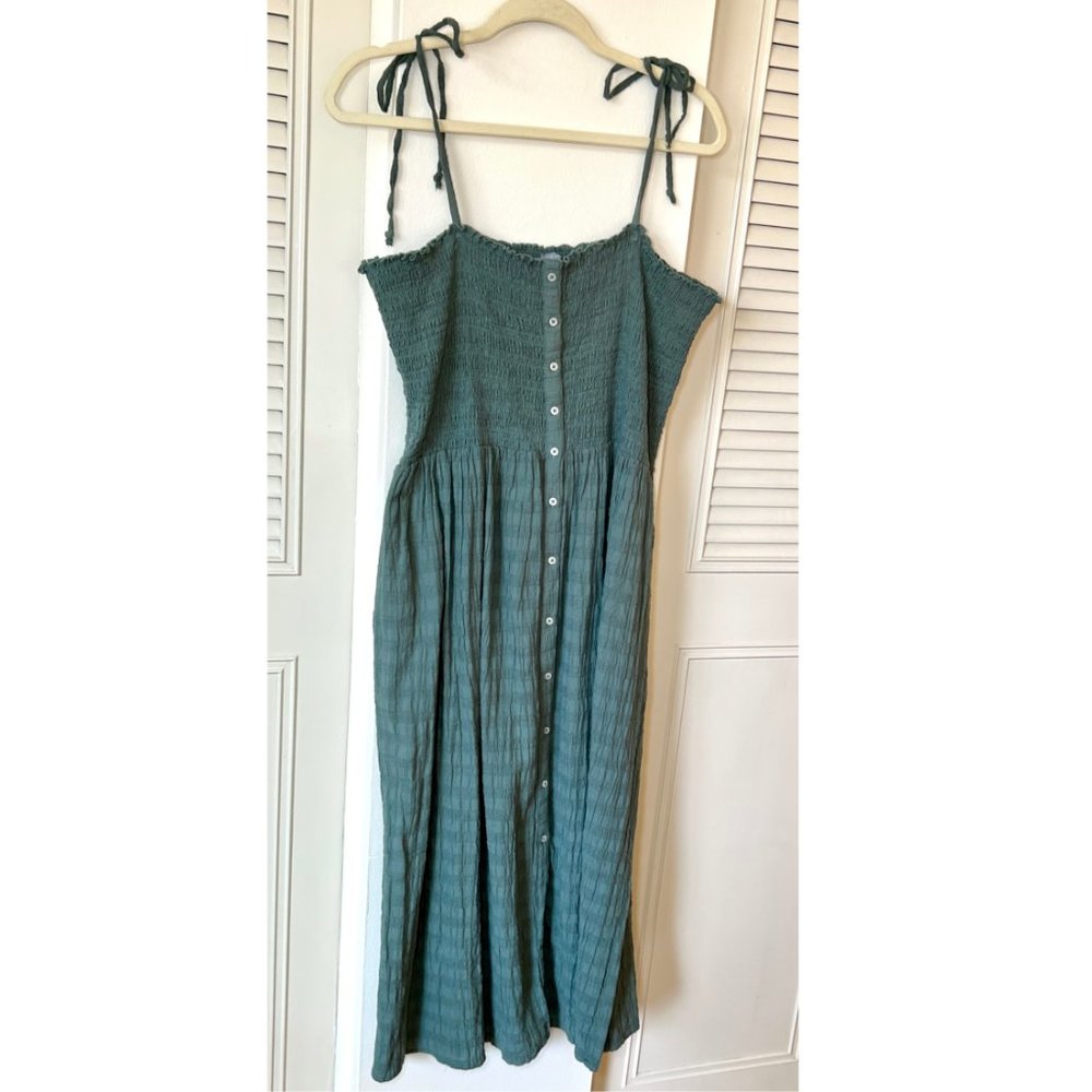 Aerie Smocked Button Down Tie Strap Midi Dress | Green | Size XL